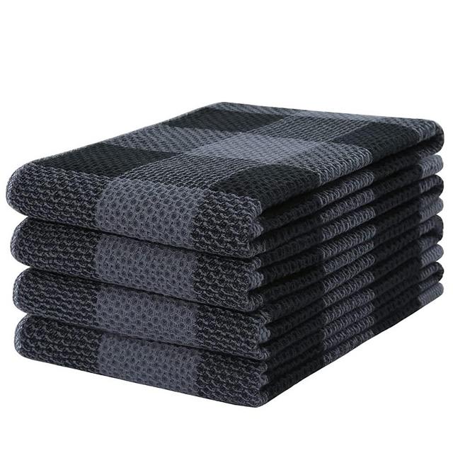 Mordimy 100% Cotton Waffle Weave Check Plaid Kitchen Towels, 13 x 28 Inches, Super Soft and Absorbent Dish Towels for Drying Dishes, 4-Pack, Black & Grey