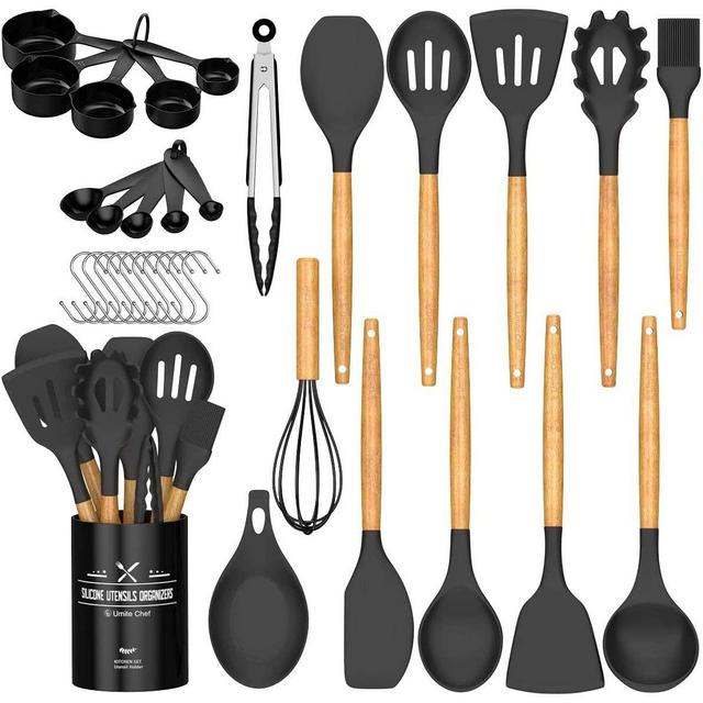 Umite Chef Kitchen Cooking Utensils Set, 33 pcs Non-stick Silicone Cooking Kitchen Utensils Spatula Set with Holder, Wooden Handle Silicone Kitchen Gadgets Utensil Set (Black Gray)