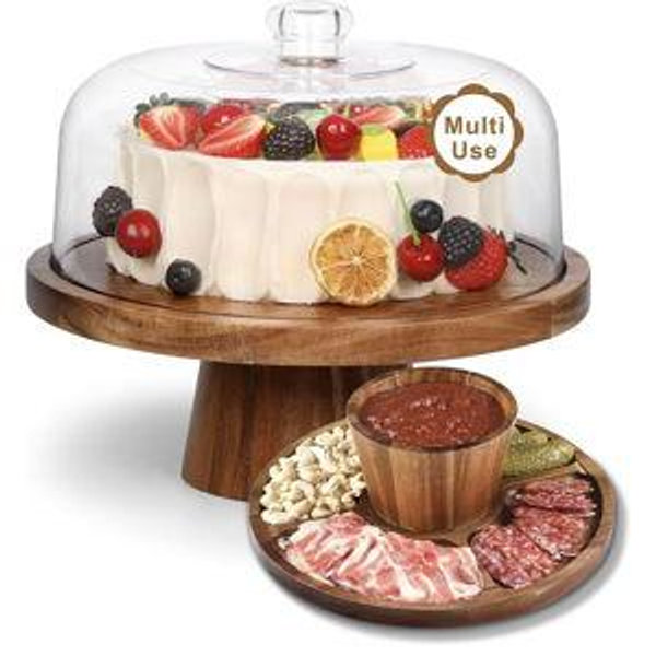 Acacia Wood Cake Stand with Lid - Rectangular Cake Holder, 2-in-1 Dessert Table Display Set & Charcuterie Board for Cheese, Chips, Fruit Platter, Large Acrylic Cake Dome Cover, No Glass