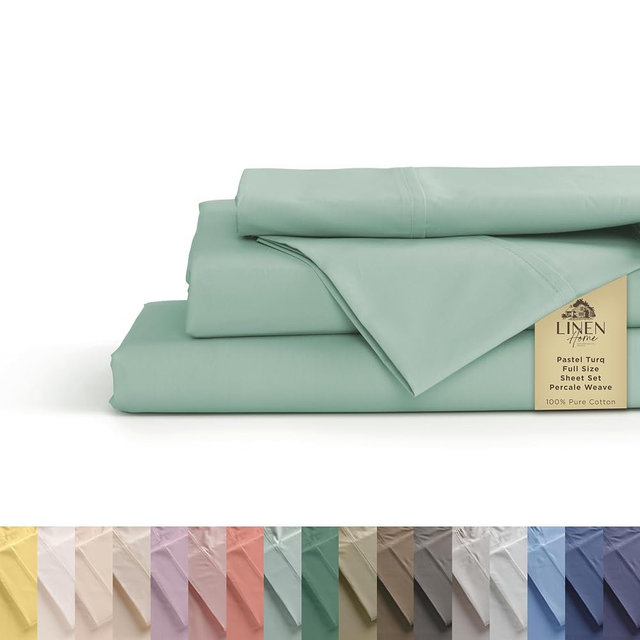 Linen Home 100% Cotton Percale Sheets Full Size, Pastel Turk, Deep Pocket, 4 Pieces Set - 1 Flat, 1 Deep Pocket Fitted Sheet and 2 Pillowcases, Crisp Cool and Strong Bed Linen