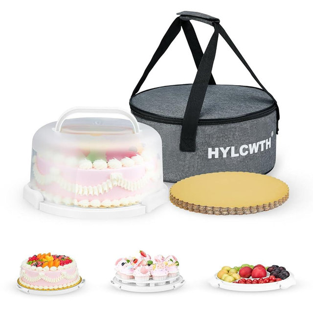 HYLCWTH Cake Carrier With Lid And Handle, Bpa-Free Cake Holder With Lid For 10 Inch Round Cake Carrier With 10 pcs Round Golden Cake Boards And Portable Insulated Bag（White）