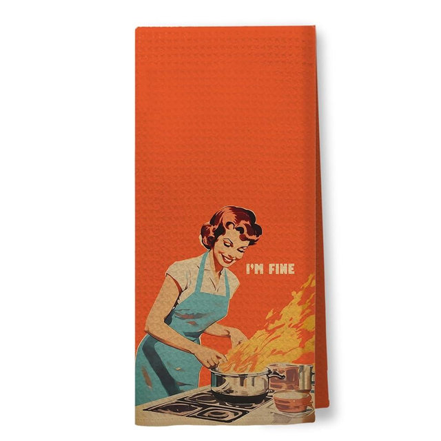 I'm Fine Funny Cooking Kitchen Towels, 50s Retro Housewife Decorative Dish Tea Towels, Mid Century Modern Sarcastic Humor Hand Towels for Kitchen, Hostess Gifts, 16x24 Inch