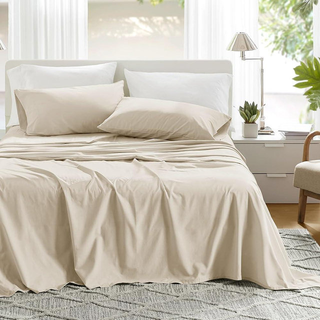 Comfort Spaces 100% Cotton Sheets Full, Breathable & Ultra Soft Cotton Sheets, Naturally Cool Cotton Bed Sheets with 14" Elastic Pocket Fits up to 16" Mattress, All Seasons Sheet Set, Cream 4 Piece