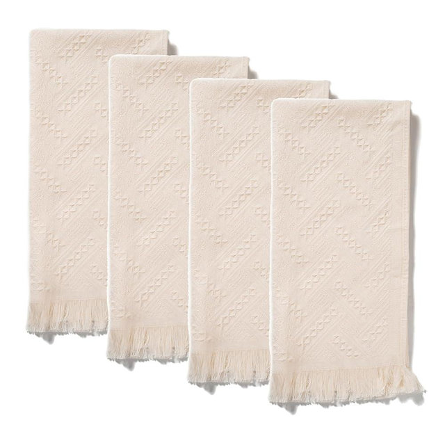 HEAVYWOOD Bathroom Hand Towel Turkish Cotton Face Towel 14X30 Absorbent Soft Face Kitchen Towel Decorative Set Boho Farmhouse Bathroom Decor (Beige, 4Packs)