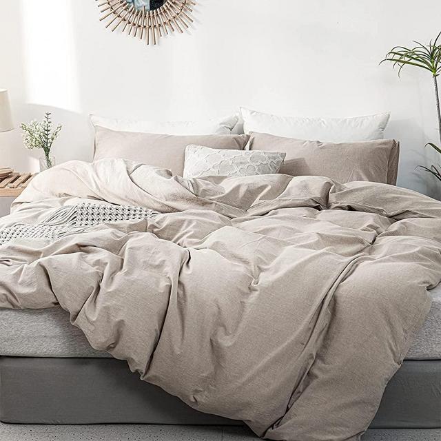 ATsense Duvet Cover Queen Size, 100% Washed Cotton Linen Feel Super Soft Comfortable, 3-Piece Tannish Linen Grey Duvet Cover Bedding Set, Durable and Easy Care, Simple Style Farmhouse Comforter Cover