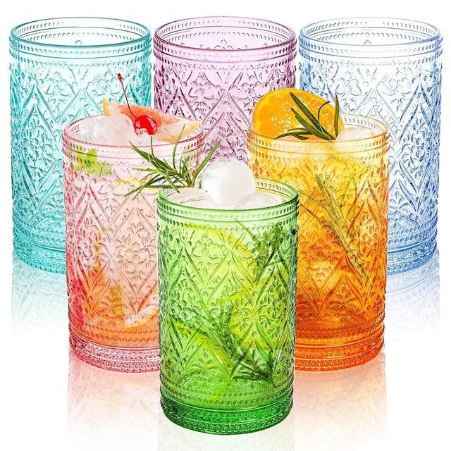 Fasmov 6 Pack 12 oz Drinking Glasses Set, Multicolor Water Glasses Tumblers, Vintage Glassware Drinking Glasses, Heavy Duty Vintage Glassware Set for Whisky, Juice, Beverages, Cocktail, Beer, Milk