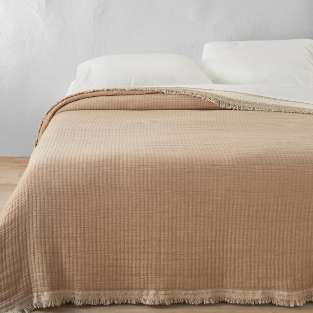 Full/Queen Reversible Textured Cotton Chambray Coverlet Natural/Warm Brown - Casaluna™