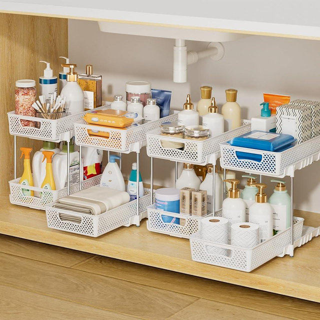 DABIGE 4 Pack Pull Out Bathroom Organizers and Storage, 2 Tier Stackable Under Sink Storage Organizer for Bathroom, Kitchen Cabinet, Pantry, and Medicine Holder, Organization and Storage - White