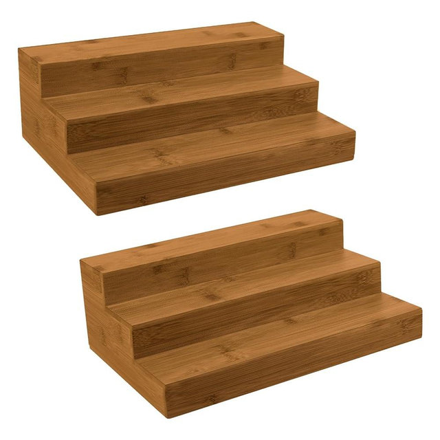 MillTu Bamboo Spice Rack Organizer for Cabinet 3 Tier Countertop Step Spice Shelf for Kitchen Storage and Organizer (Brown - 2 Pack)