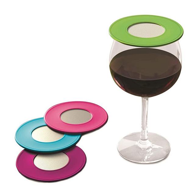 Drink Tops Ventilated Silicone Wine Glass Covers- Weighted Cover with Screen Allows Wine to Breathe- Outdoor Wine Glass Covers to Keep Bugs Out- BPA Free- 4pk