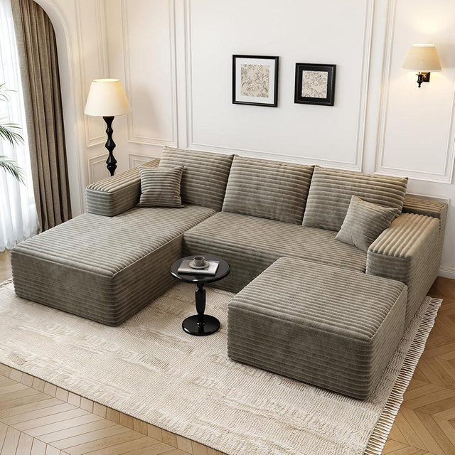 107.5" Cloud Modular Sectional Couch with 1 Ottoman,Modern Minimalist Upholstered Couches, Comfort U Shaped Sofa for Living Room,Deep Seat Corner Couch，No Assembly Required (Camel,Left Facing Chaise)