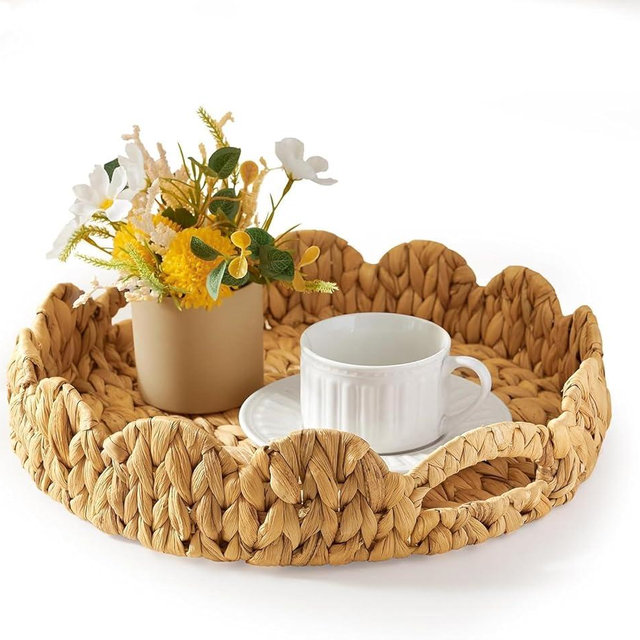 Airesly Scalloped Tray, 11.8" Round Basket Tray Wicker Rattan Serving Tray with Handles, Scallop Basket Table Décor Trays, Water Hyacinth Round Rattan Tray for Ottoman Decorative and Organizer Trays