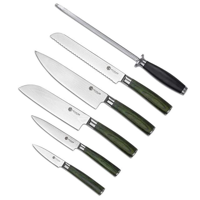 HexClad 6PC Essential Kitchen Knife Set Full Tang Japanese Damascus Stainless Steel Knife with Pakkawood Handle - Comes with All Purpose Chef's Knife, Santoku Knife, Serrated Knife, Utility Knife
