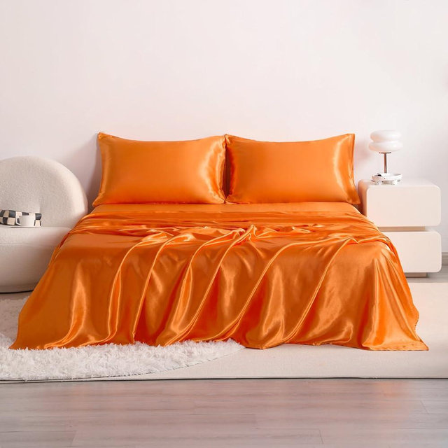 All Star Linen Split King Size Satin Bed Sheet Set 5 Pieces Orange Bed Sheet Set 9 Inch Deep Pocket Fitted Sheet 1 Flat Sheet and 2 Envelope Closure Pillowcases