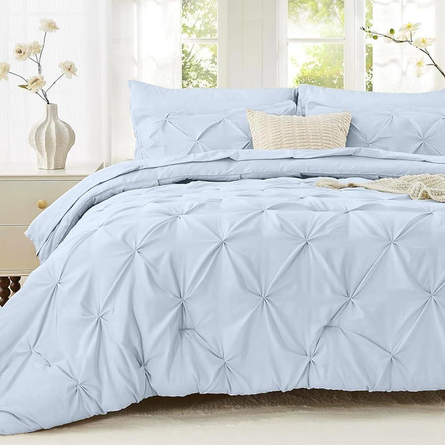 Sasttie Queen Comforter Set, 7-Piece Bed in a Bag, Pintuck Bedding Sets for All Season, Includes Comforter, Flat Sheet, Fitted Sheet, Pillowcases and Pillowshams, Light Blue