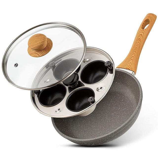 Eggssentials Egg Poacher Pan Granite Nonstick Fry Pan Poached Egg Maker and Frying Skillet with Lid, Egg Poaching Pan, Poached Eggs Cooker Food Grade Safe PFOA Free with Spatula, Egg Cookware - 4 Cups