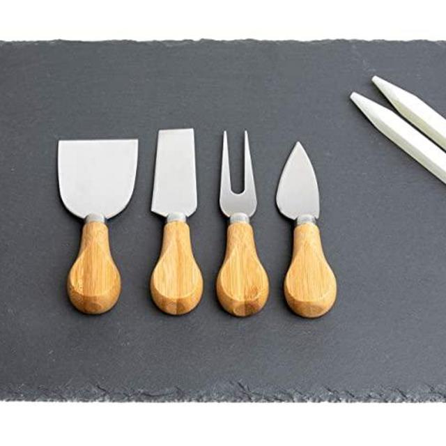Slate Cheese Board and Knife Set 10 in x 15 in - Cheese and Meat Serving Board - 4pc Knives - 2 pieces Soapstone Chalk