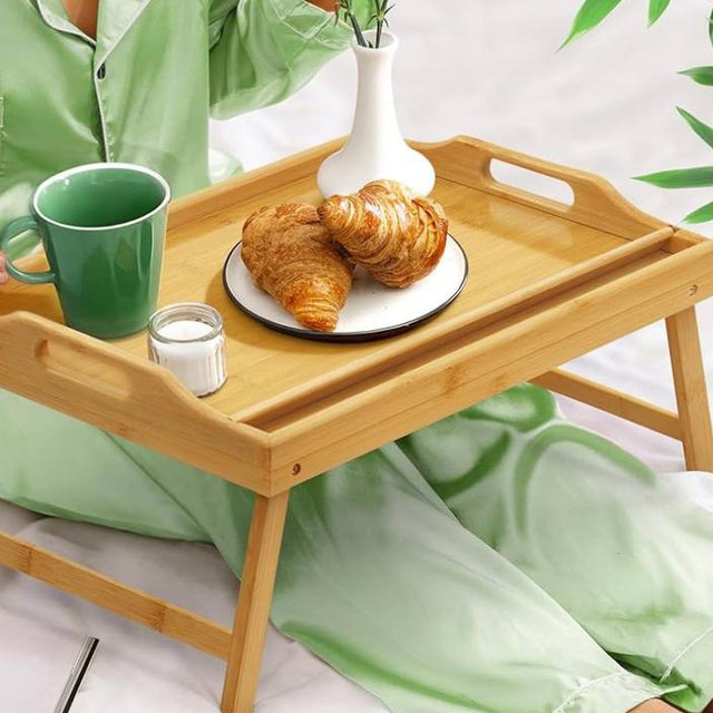 Tray Table for Bed, Bamboo Breakfast Tray with Folding Legs and Handles, Natural Color Bed Tray with Media Slot, Ideal for Eating, Serving or Working in Kitchen, Sofa or Bedroom