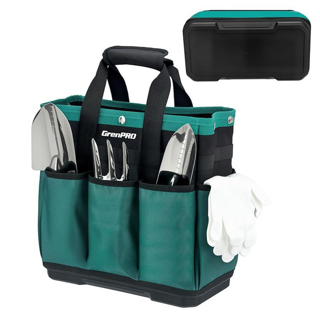 GrenPRO Garden Tool Bag Molded Bottom, Heavy Duty Tool Tote Toolbox with 10 Pockets, Reinforced & Top Snap Closure for Gardening Tools Storage, Dark Green(Tools Not Included)