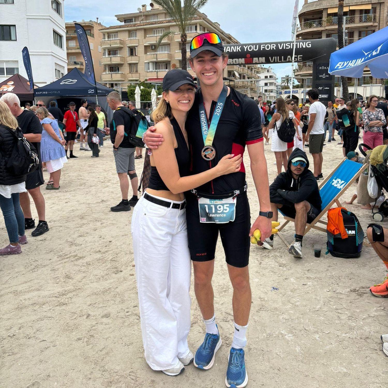 Celebrating after Lawrence finished his first half Iron Man in Mallorca