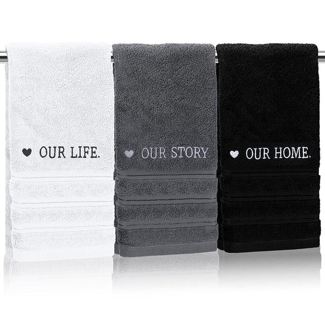 3 Pcs Bathroom Towels Decorative Set, Bathroom Decor Towels, Farmhouse Decorative Hand Towel, Embroidered 100% Cotton, Black Decoratives Towel for Bathrooms Boho Decor (Our Life, Our Story, Our Home)