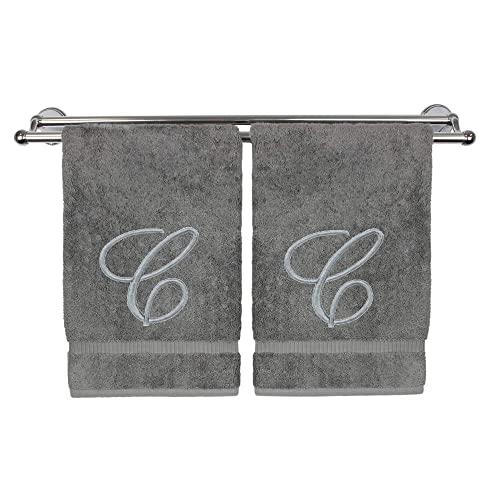 Monogrammed Hand Towel, Personalized Gift, 16 x 30 Inches - Set of 2 - Silver Embroidered Towel - Extra Absorbent 100% Turkish Cotton- Soft Terry Finish - for Bathroom, Kitchen and Spa- Script C Gray