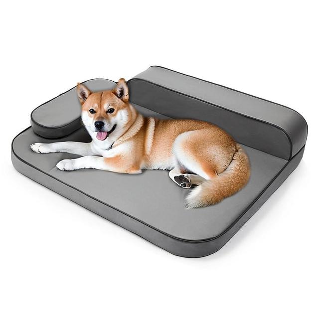 Msutree Dog Bed for Large Dogs, Easy Clean Dog Sofa Air-Leather-Fabric Pet Bed, Stain & Waterproof Dog Bed with Memory Foam & Washable Cover, with Pillow & Side Cushion, Gray, L Size