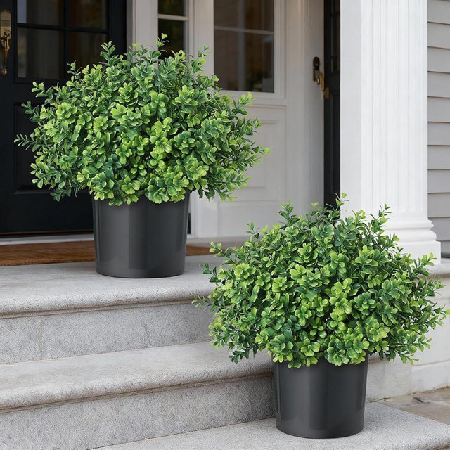 FOTEEWL Set of 2 Artificial Boxwood Topiary Trees for Front Door - Faux Realistic Greenery Potted Plants, Fake Outdoor UV-Resistant Bushes with Pots for Porch,Farmhouse,Home,Garden Decor