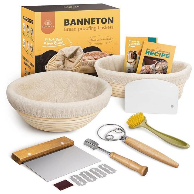 rorecay Banneton Bread Proofing Basket Sourdough Bread Baking Supplies, 9 Inch Round + 10 Inch Oval Proofing Bowls with Dough Whisk Bread Lame Dough Scraper Bread Making Tools and Accessories Set