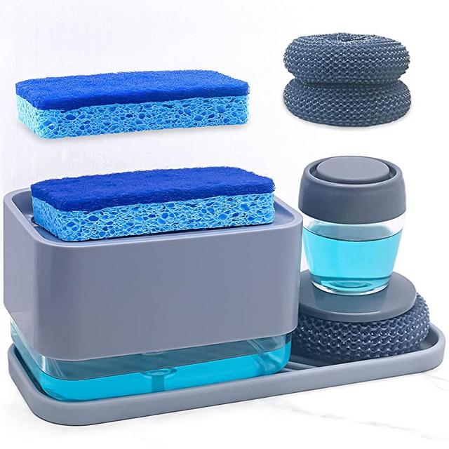 HvOvMvE 4 in 1 Set New Upgrade, Dish Soap Dispenser for Kitchen Sink with Sponge Holder-Soap Dispensing Dish Brush, Silicone Tray, 2 Scrub Sponges, 2 Brush Heads, Kitchen Dishwashing Gadgets