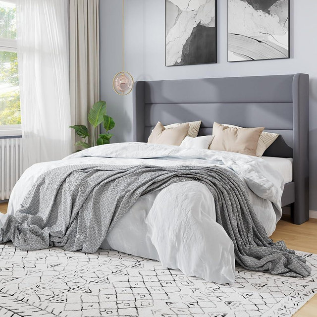 SHA CERLIN Queen Size Velvet Bed Frame/Vertical Channel Tufted Wingback Headboard/Upholstered Platform Bed with Wooden Slats/Mattress Foundation/No Box Spring Needed/Easy Assembly/Grey