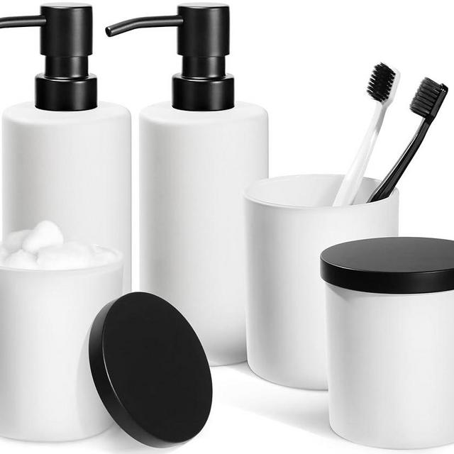 ALPIRIRAL White Bathroom Accessories Set, 5 Pcs Bathroom Accessories Set, Glass Soap Dispenser and Toothbrush Holder Set, Qtip Holder and Cotton Ball Holder, Modern Bathroom Decor Sets