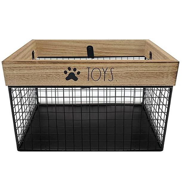 Rae Dunn Pet Toy Basket – Metal and Wood Dog Toy Storage Basket - Cat and Dog Toy Bin Storage Organizer for Puppy Leash, Blanket, Treats, Food, Accessories - Container Baskets for Dogs - Light Wood