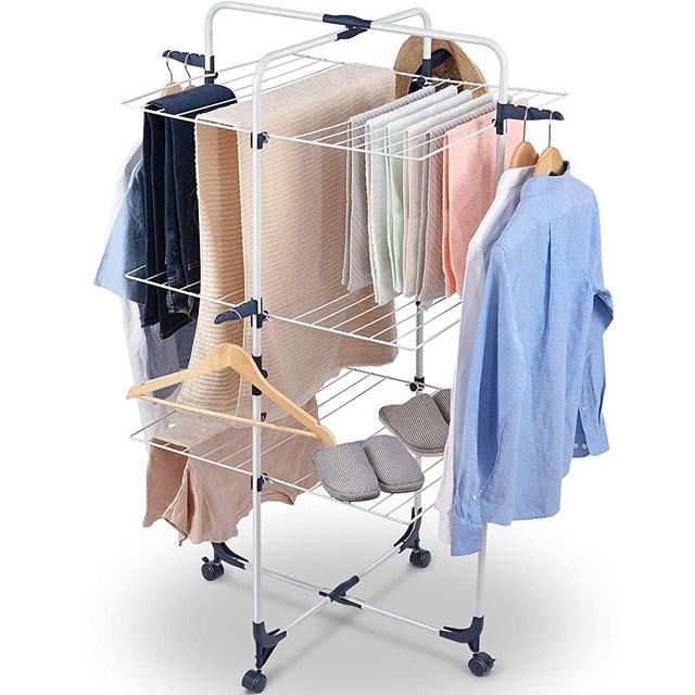 KINGRACK Clothes Drying Rack, 3-Tier Collapsible Laundry Rack Stand Garment Drying Station with Wheels and 4 Hooks, Indoor-Outdoor Use, for for Bed Linen, Clothing, Socks, Scarves
