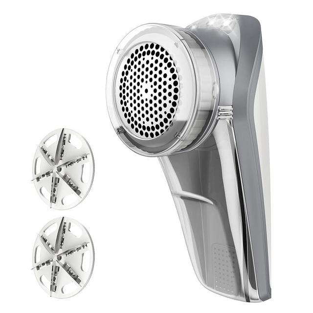 MR.SIGA Fabric Shaver and Lint Remover, Battery Operated Portable Lint Shaver with LED Lights, 2 Replaceable 6-Leaf Blades, Cream/Gray