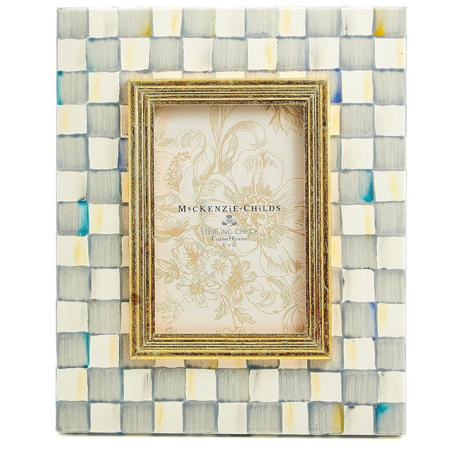 MACKENZIE-CHILDS Decorative Enamel 5" x 7" Frame, Cute Rectangular Family Picture Frame, Gray-and-White Sterling Check