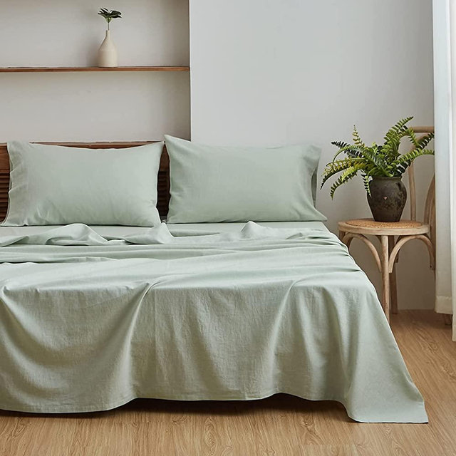 Simple&Opulence Belgian Linen Sheet Set Solid Color - 4 Pieces (1 Flat Sheet, 1 Fitted Sheet & 2 Pillowcases) Natural Flax Cotton Blend Soft Breathable Farmhouse Bedding - Queen Size, Mint Green