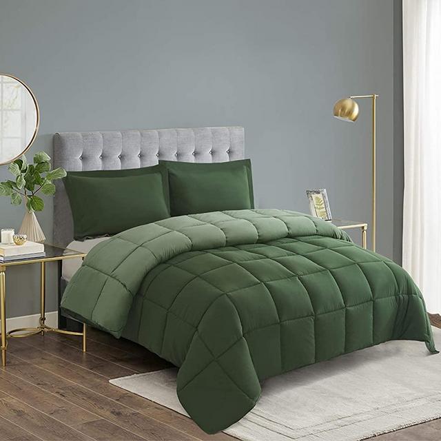 HIG 3pc Green Down Alternative Comforter Set King Size - All Season Reversible Comforter with Two Shams - Quilted Duvet Insert with Corner Tabs - Box Stitched - Hypoallergenic, Soft, Fluffy