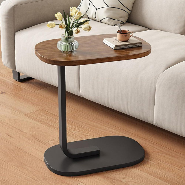 C Shaped Side Table, Modern C Shaped End Table for Small Spaces, Small Couch Side Tables That Slide Under, Wood Coffee Table for Sofa and Bed, 18”L X 12”W Tabletop (Walnut+Black)