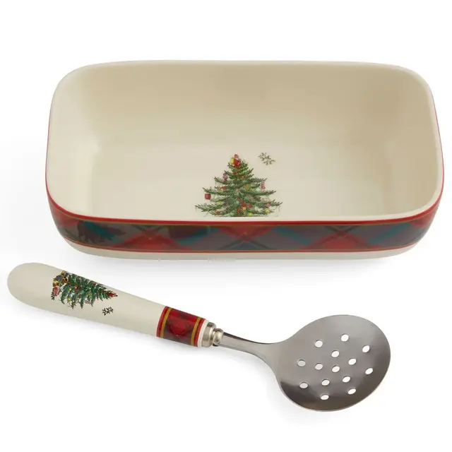 Spode Christmas Tree Tartan Rectangle Server with Slotted Spoon - 8 Inch