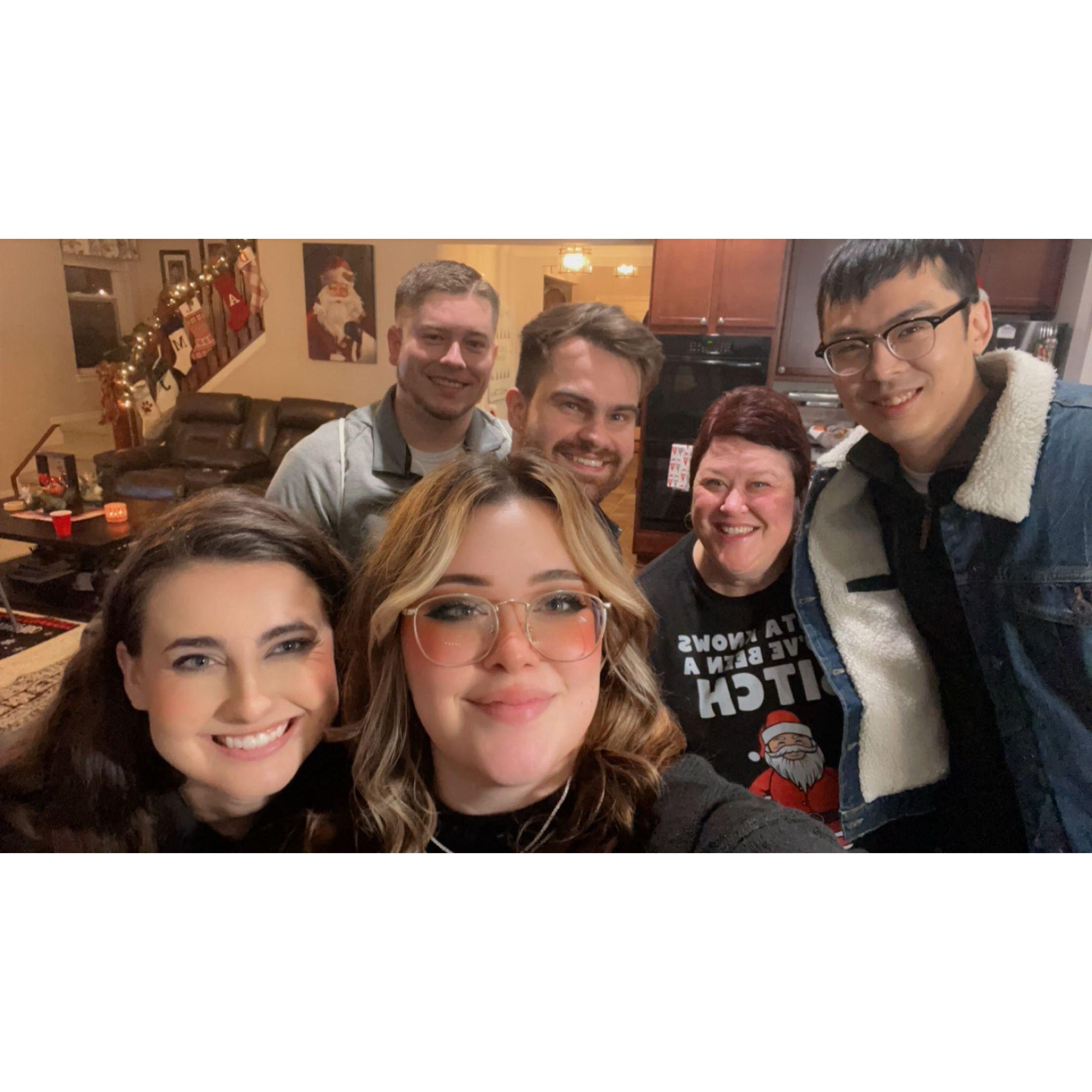 Our second Christmas at Megan's parents with friends Angela, Nick, Kyle and mother, Annie.