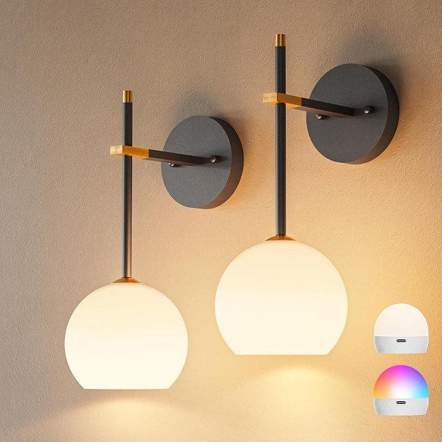 Black Gold Battery Operated Wall Sconces Set of 2, Rechargeable Wireless Wall Lights with Milky White Frosted Glass, 12 RGB and 3CCT Dimmable, Wall Lamps with Remote for Bedroom Living Room Hallway
