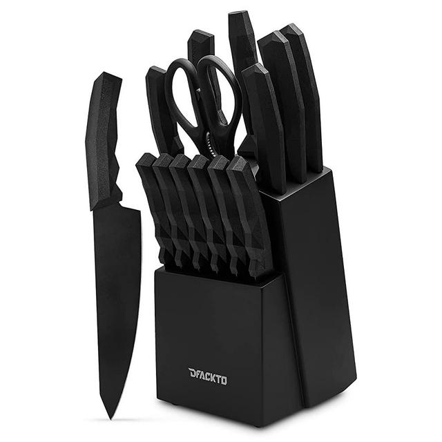 15 Piece Chef Knife Block Set, High Carbon Stainless Steel, Carbon Fiber Geometric Comfort Handles, Ergonomic Black Kitchen Cutlery, Scissors, Sharpener, and Steak Knives, Boulder Series by DFACKTO