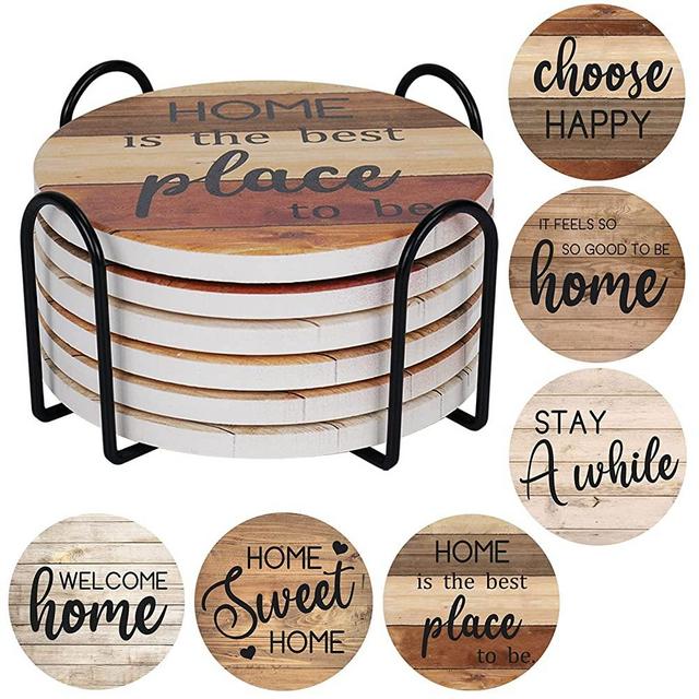 Coasters for Drinks Rustic Farmhouse Stone Cork Coasters, Set of 6 Drink Coaster with Holder for Wooden Table Housewarming Gift New Home Apartment Kitchen House Decor Gift Set for Women Men