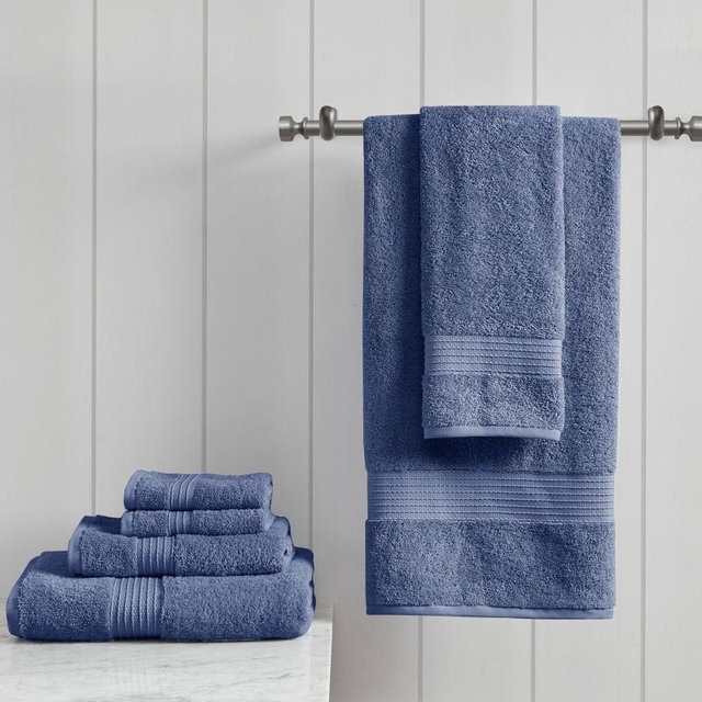 6Pcs 100% Organic Cotton Solid Color Bath Towel Set, Heavy Weight Ultra Soft and Absorbent Bath Towel, Navy, 6-Piece