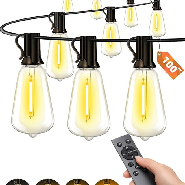VOZUJI Outdoor Patio String Lights: 100Ft 30M Outside Waterproof Light - Remote Dimmable ST38 Shatterproof Bulb Connectable Hanging Outdoor Electric Lighting - Backyard Yard Gazebo Porch Party