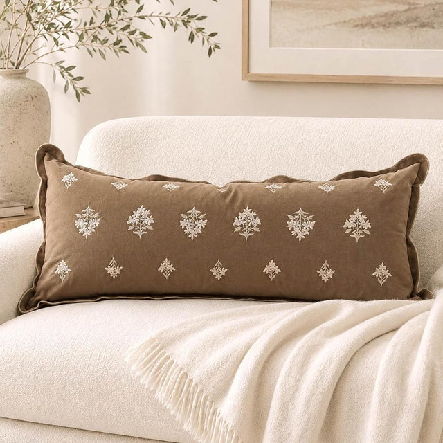 BlissBlush Long Lumbar Pillow Cover 14x36 for Bed, Brown Velvet Decorative Lumbar Pillow Cover, Floral Accent Cushion Cover with Embroidery and Scalloped Edge for Couch Sofa Bed, Cover ONLY