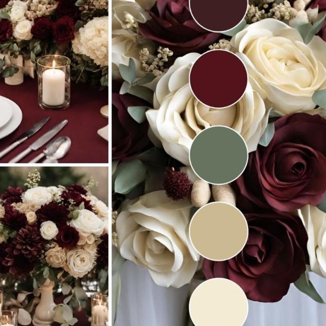 Our wedding colors: Shades of burgundy, deep reds, different shades of sages and tans, ivory, and touches of gold.