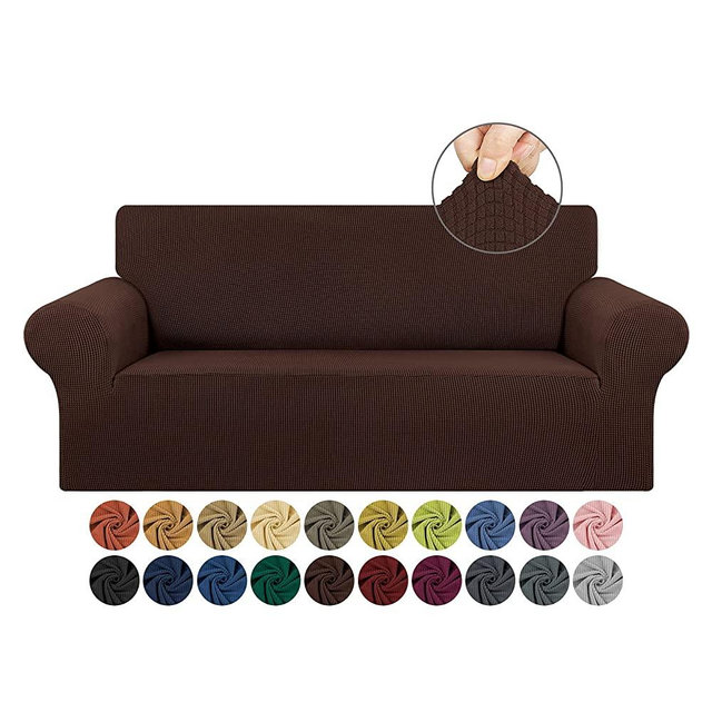 KEKUOU Stretch Loveseat Sofa Slipcover 1 Piece Couch Sofa Cover (55"-79") Furniture Protector 2 Seater Sofa with Elastic Bottom for Kids,Pet.Jacquard Small Checked Pattern Fabric(Medium,Chocolate)