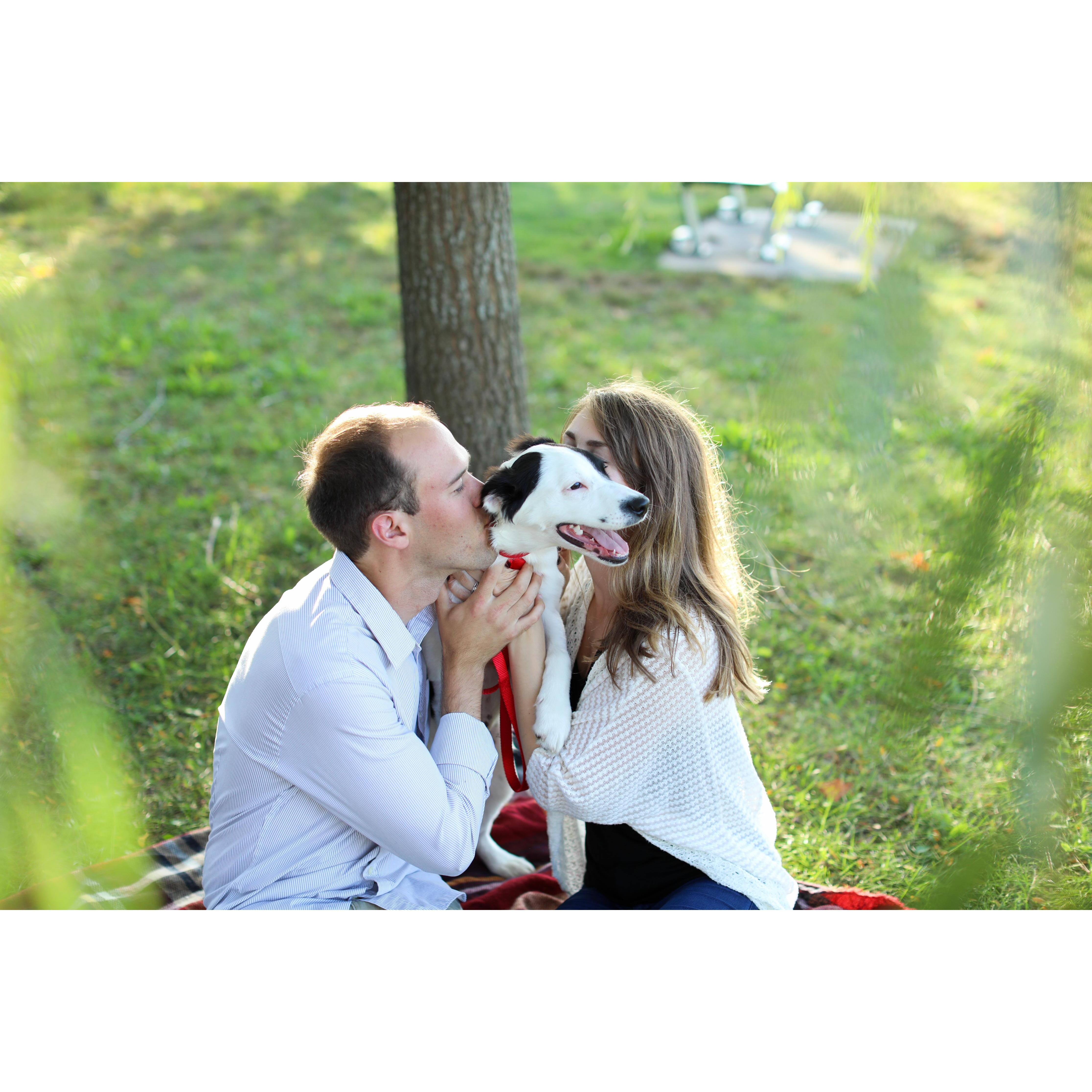 He loves us, we promise. Engagement photo session, 2017.